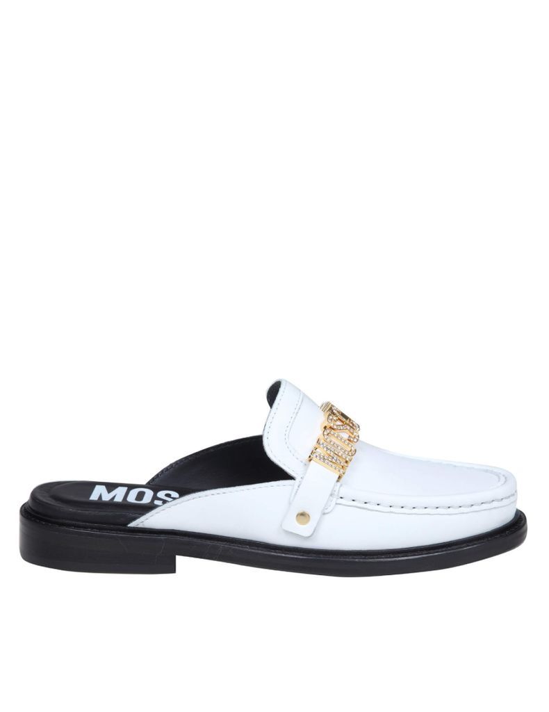 Leather Loafers With Logo And Rhinestone Applied