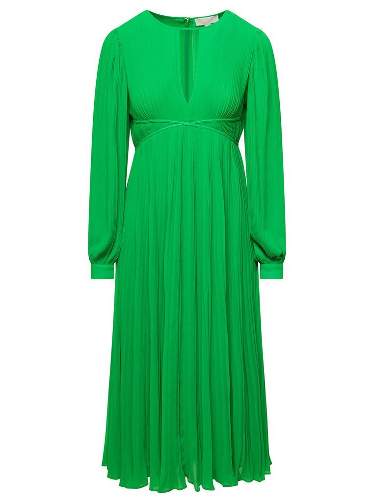 Midi Green Pleated Dress With V Neck And Blouson Sleeves In Recycled Polyester Blend Woman
