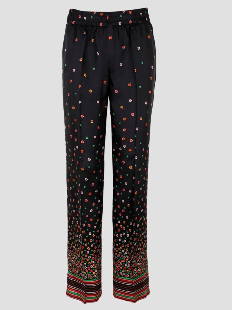 Flowers And Stripes Print Silk Pants