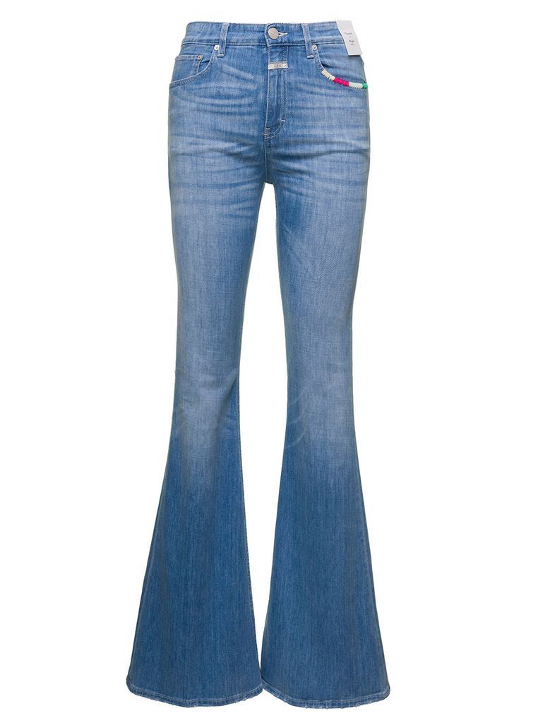 Light Blue Flared Jeans With Tricolor Embroidery In Cotton Denim Woman