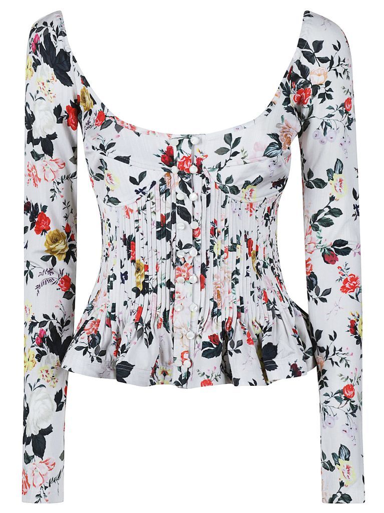 Wide Neck Floral Print Pleated Blouse