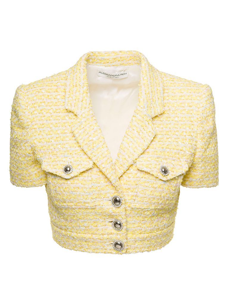 Cropped Jacket With Pockets And Silver Buttons In Tweed Lurex Yellow Woman