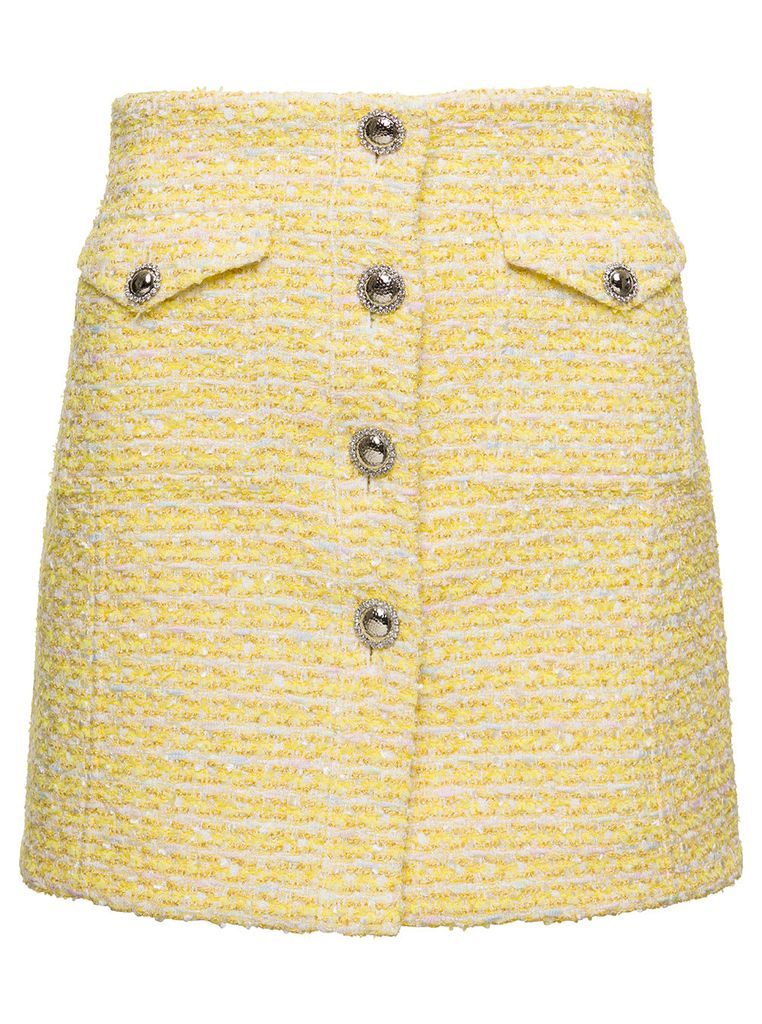 Yellow Miniskirt With Front Pockets And Silver Buttons On The Front In Tweed Lurex Woman