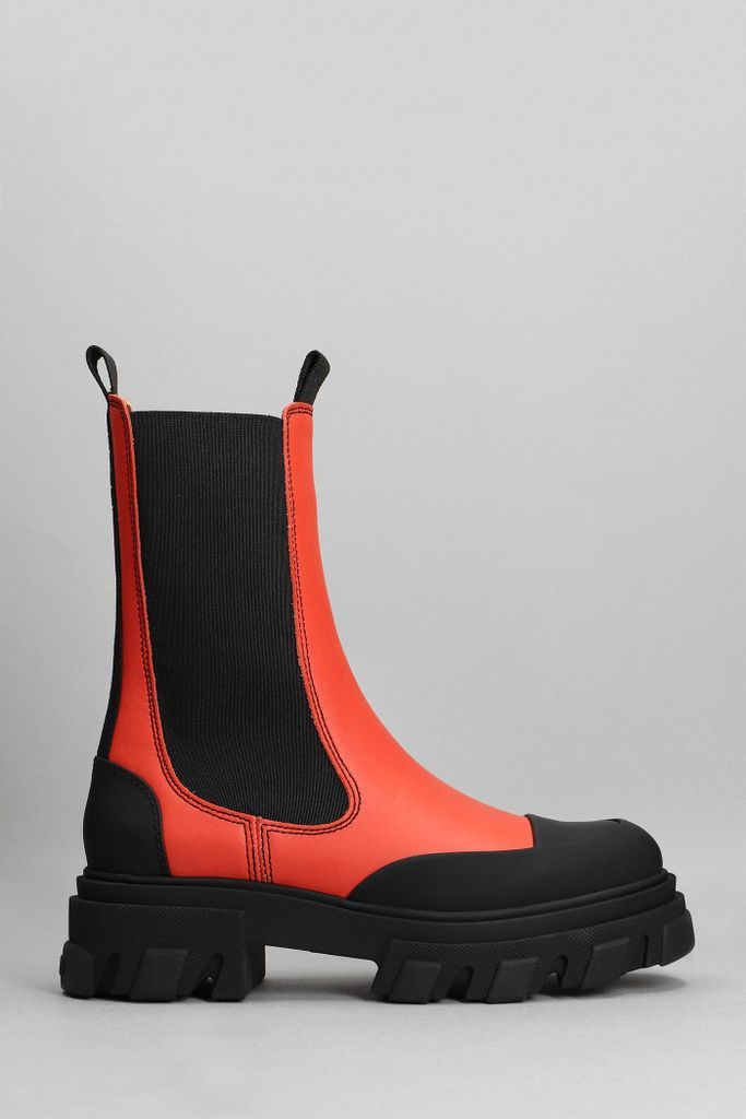 Cleated Mid Chelsea Combat Boots In Red Leather