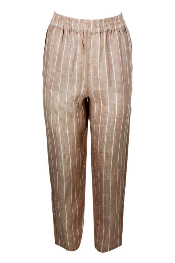 Linen Trousers With Elastic Waistband And Welt Pockets With Striped Pattern