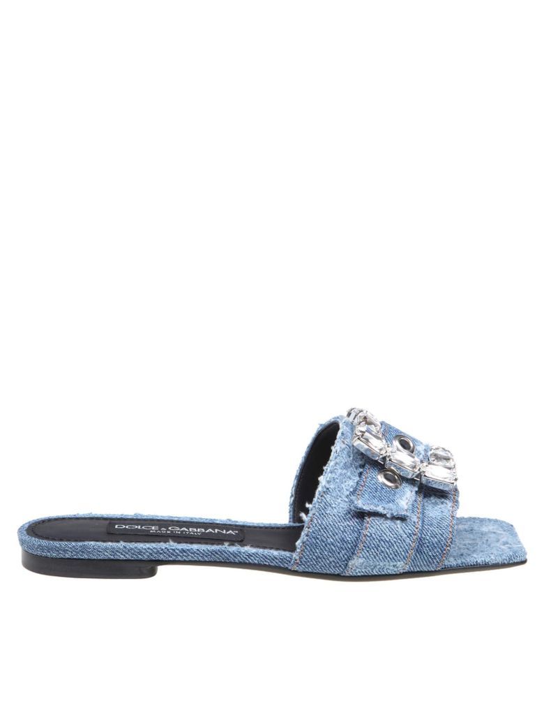 Dolce E Gabbana Flat In Patchwork Denim With Strass Buckle