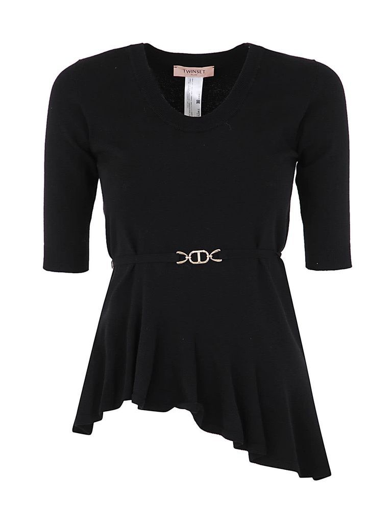 3/4 Sleeves Asymmetrical Sweater With Logo Belt