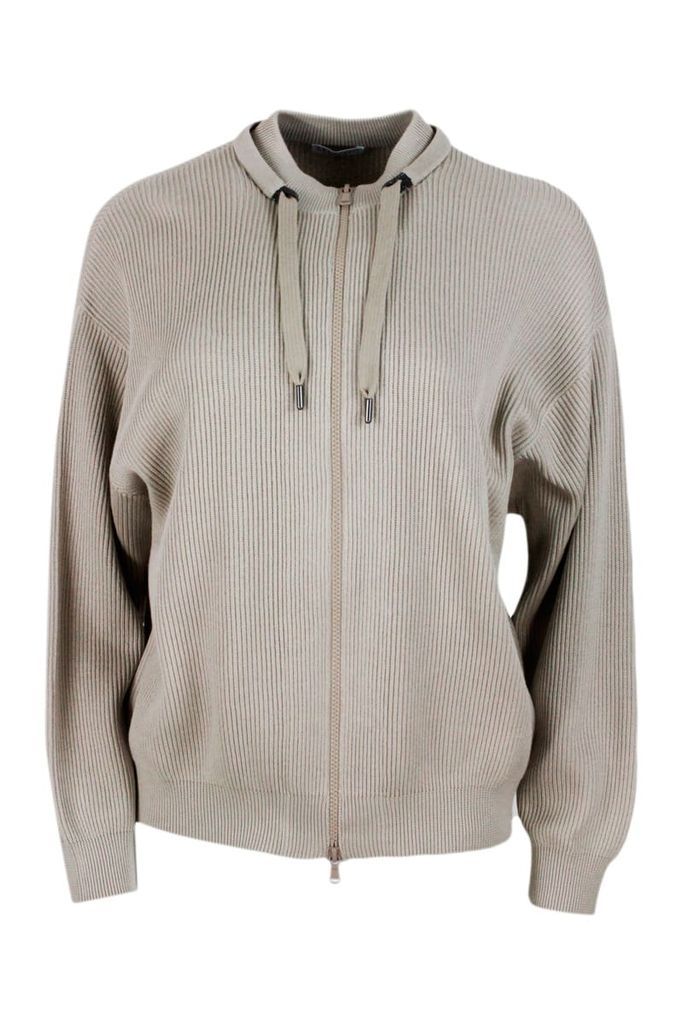 Half English Rib Full Zip Crew Neck Sweater With Neck Ties With Tonal Monili