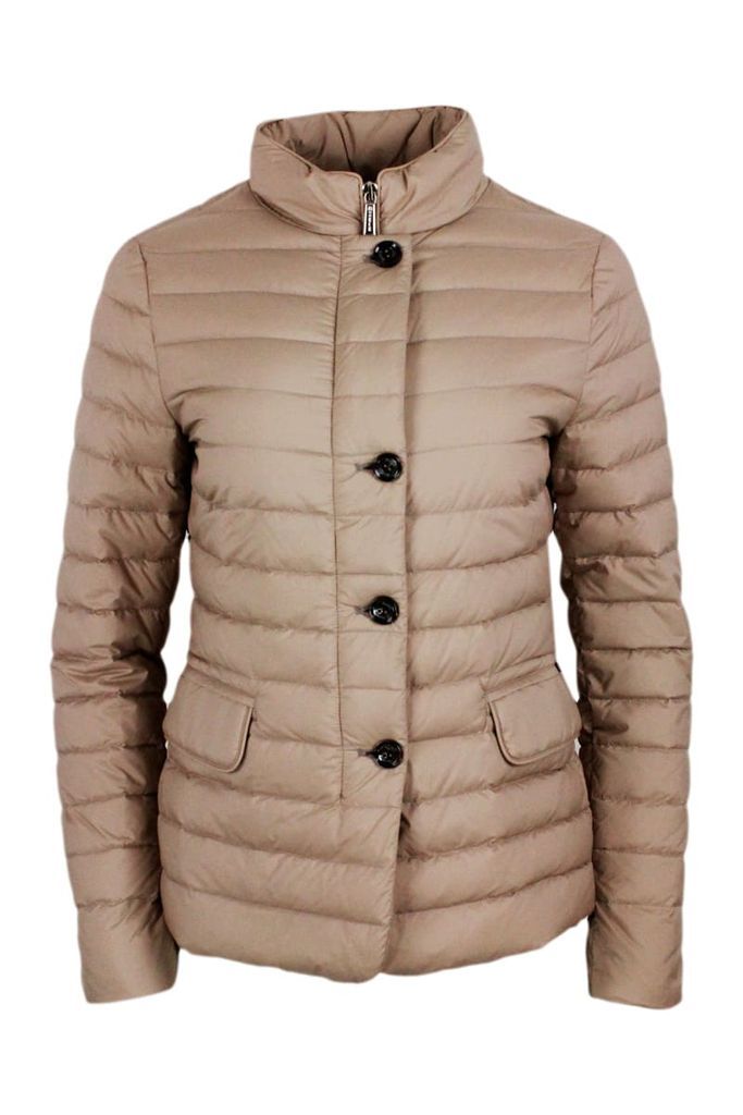 Light Down Jacket With Zip And Button Closure With Front Flap Pockets