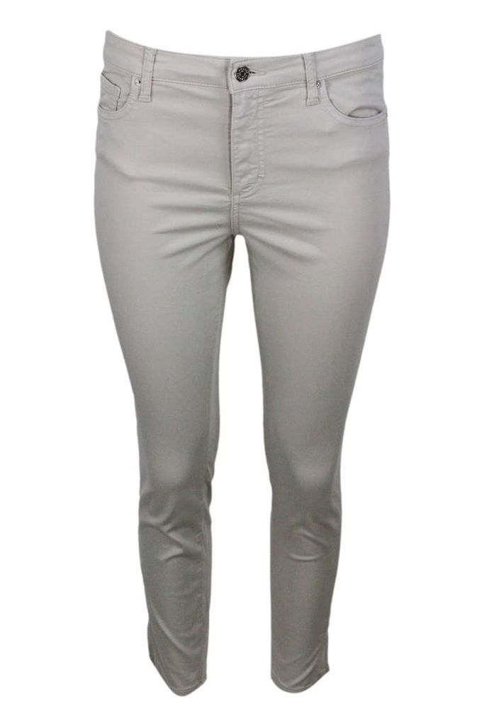 Light Peach Stretch Cotton Trousers With 5 Pockets. Slim Cropped Model