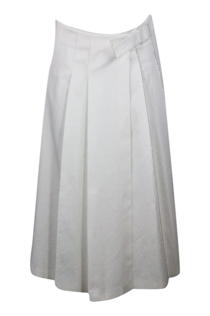 Long Skirt In Cotton With Pleats On The Front With Zip And Pockets On The Front And Embellished With Rows Of Brilliant Jewels On The Front