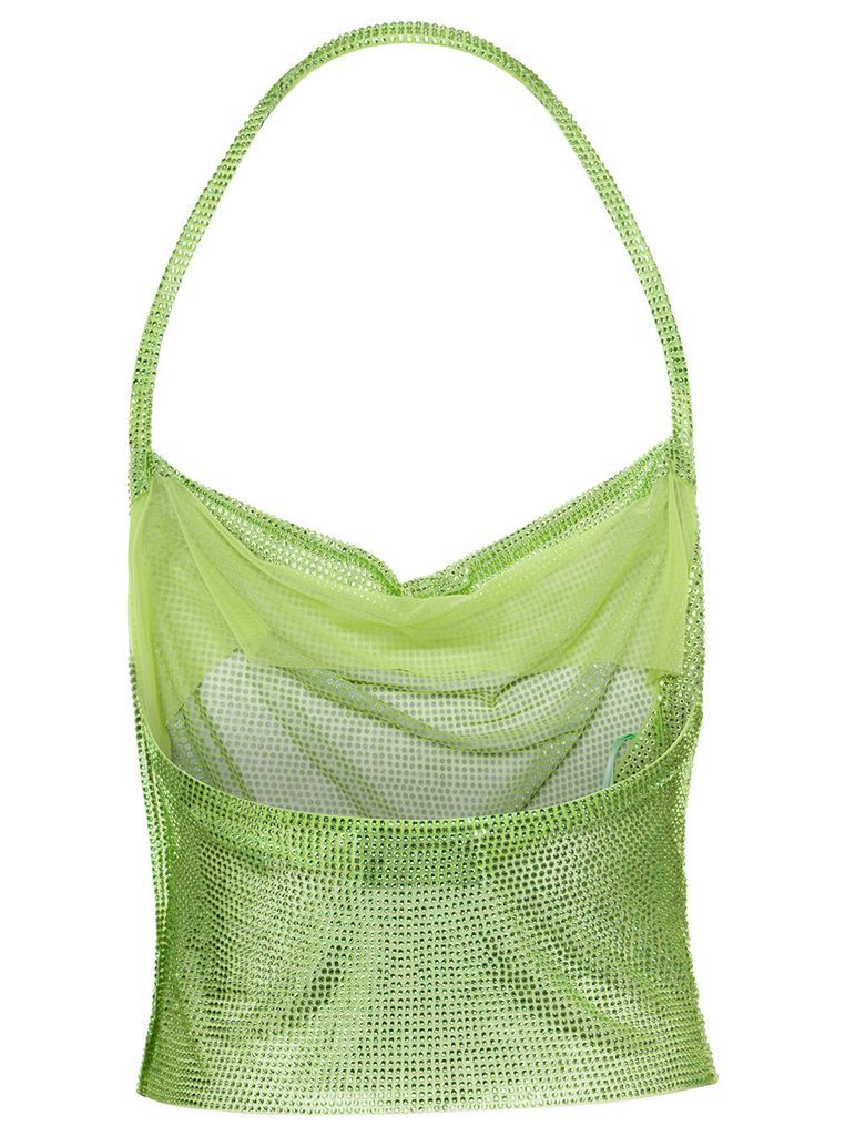 Green Halterneck Top With Crystals Open Back Polyamide Woman
