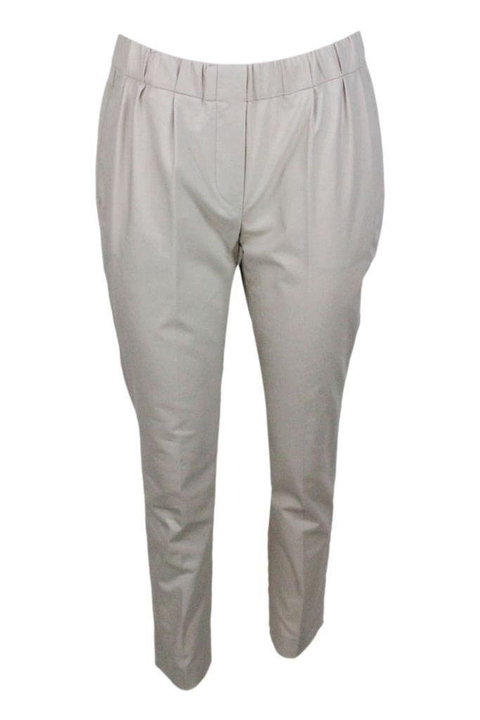 Stretch Cotton Trousers With Elastic Waistband And Small Pleats On The Front