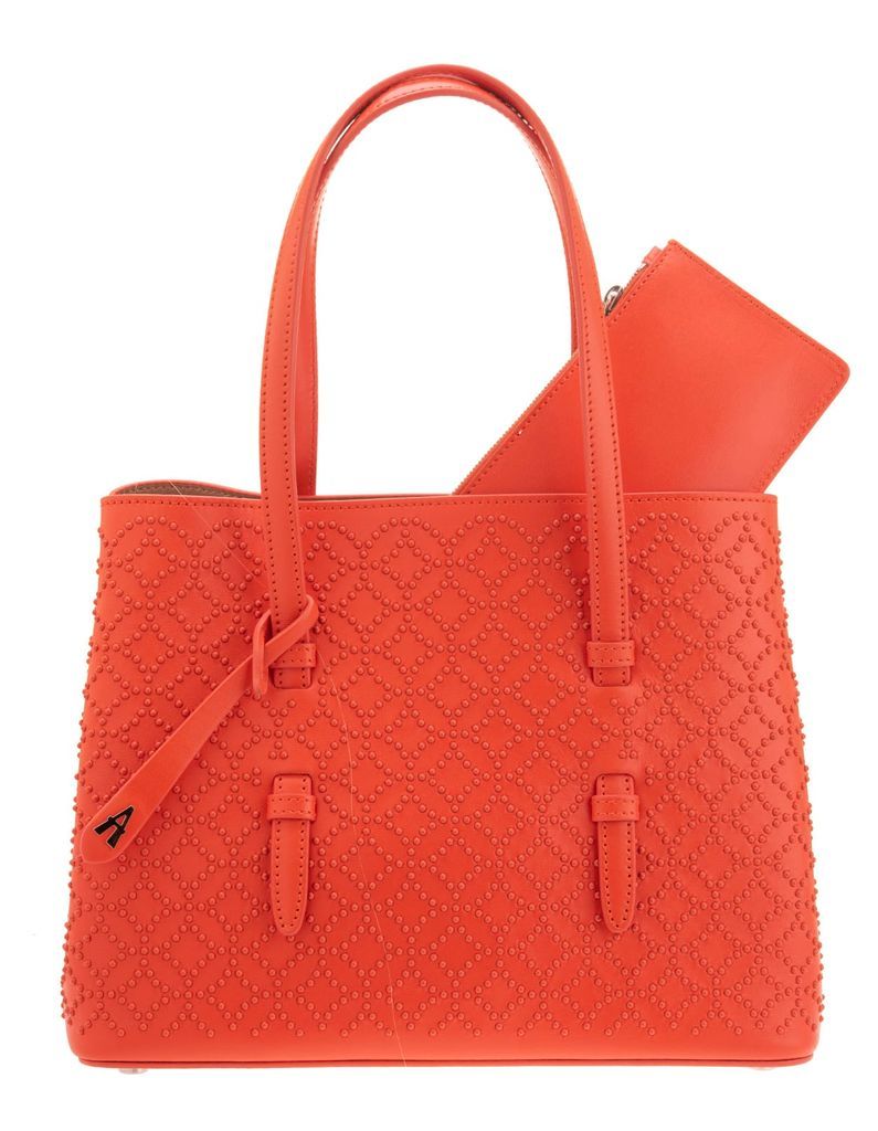 Medium Orange Shopping Bag With Geometric Pattern Of Micro Studs