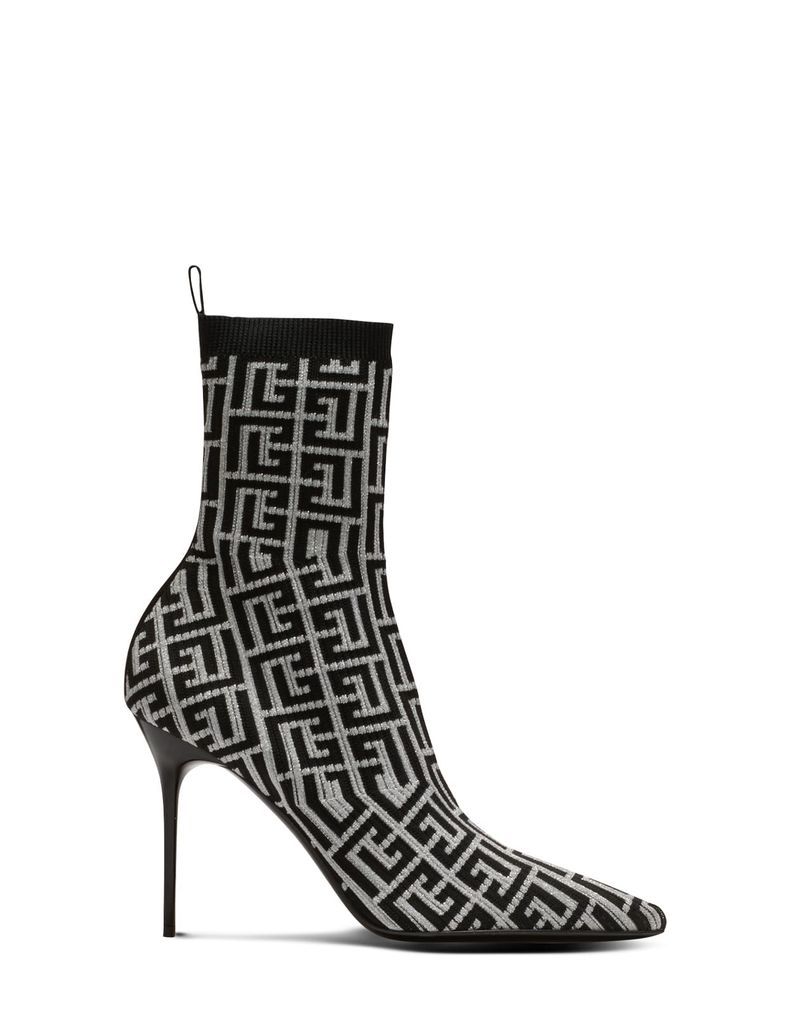 Skye Ankle Boots In Black And Silver Stretch Knit With Balmain Monogram