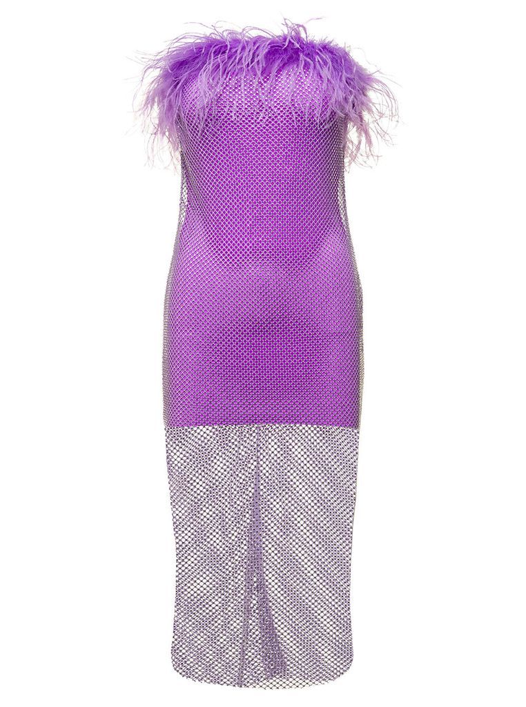 Mini Purple Dress With Feather Trim And Rhinestone Embellishment In Polyamide Woman