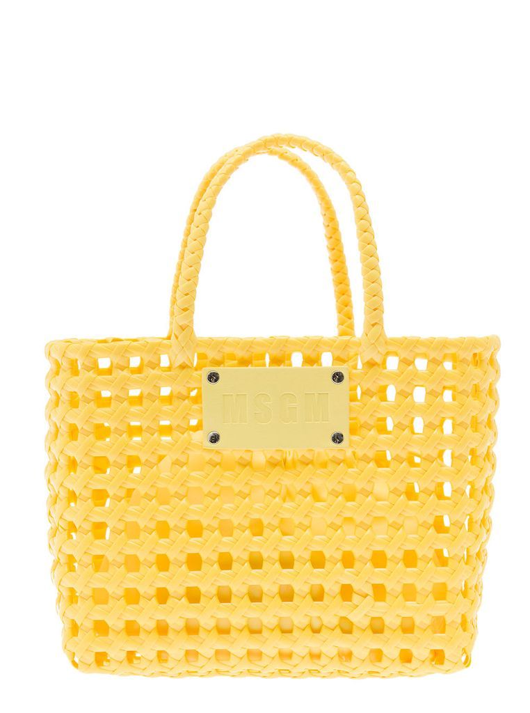 Medium Yellow Tote Bag With Logo Patch In Braided Rubber Woman