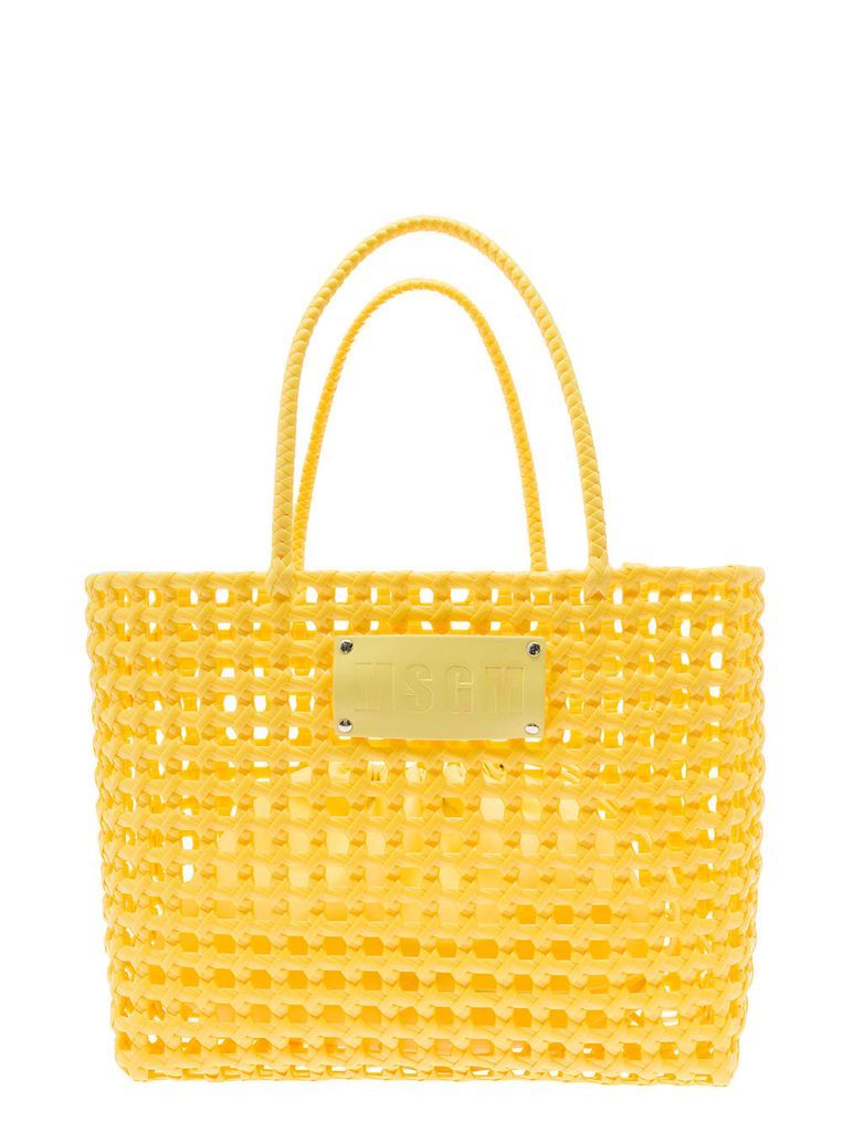 Yellow Tote Bag With Logo Patch In Braided Rubber Woman