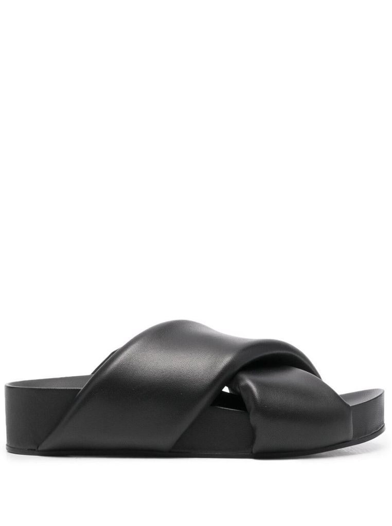 Womans Black Leather Crossed Straps Mules