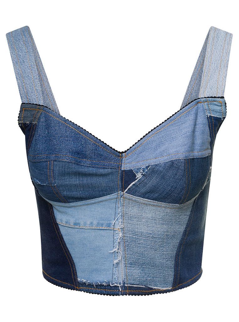 Blue Patchwork Cropped Top With Sweetheart Neckline In Cotton Blend Denim Woman