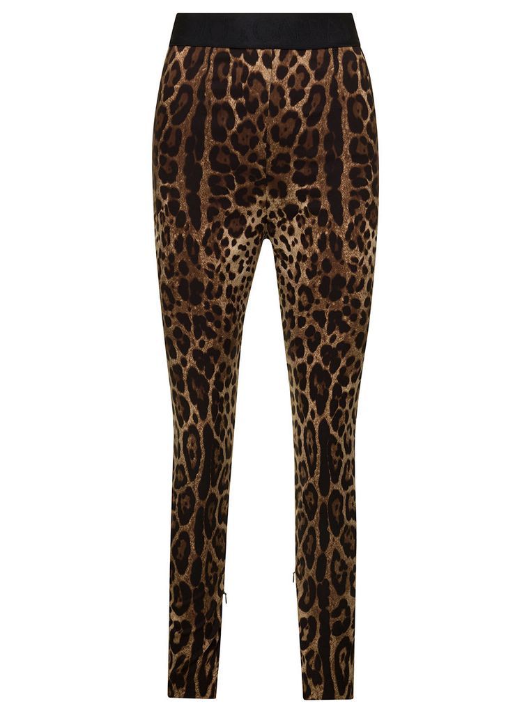 Brown Leopard Printed Leggings In Stretch Silk Woman