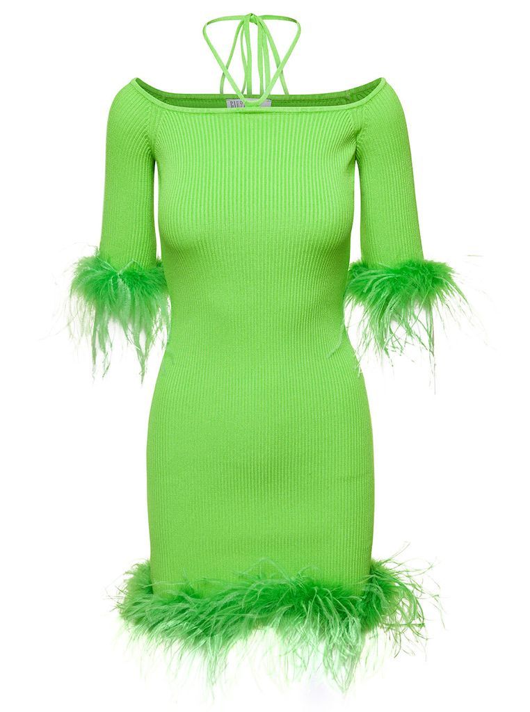 Green Boat Neck Dress With Feather Detail In Viscose Woman