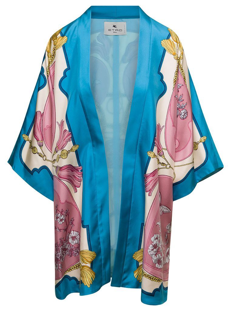 Light Blue Jacket With Graphic Print On The Sides And Back In Silk Woman