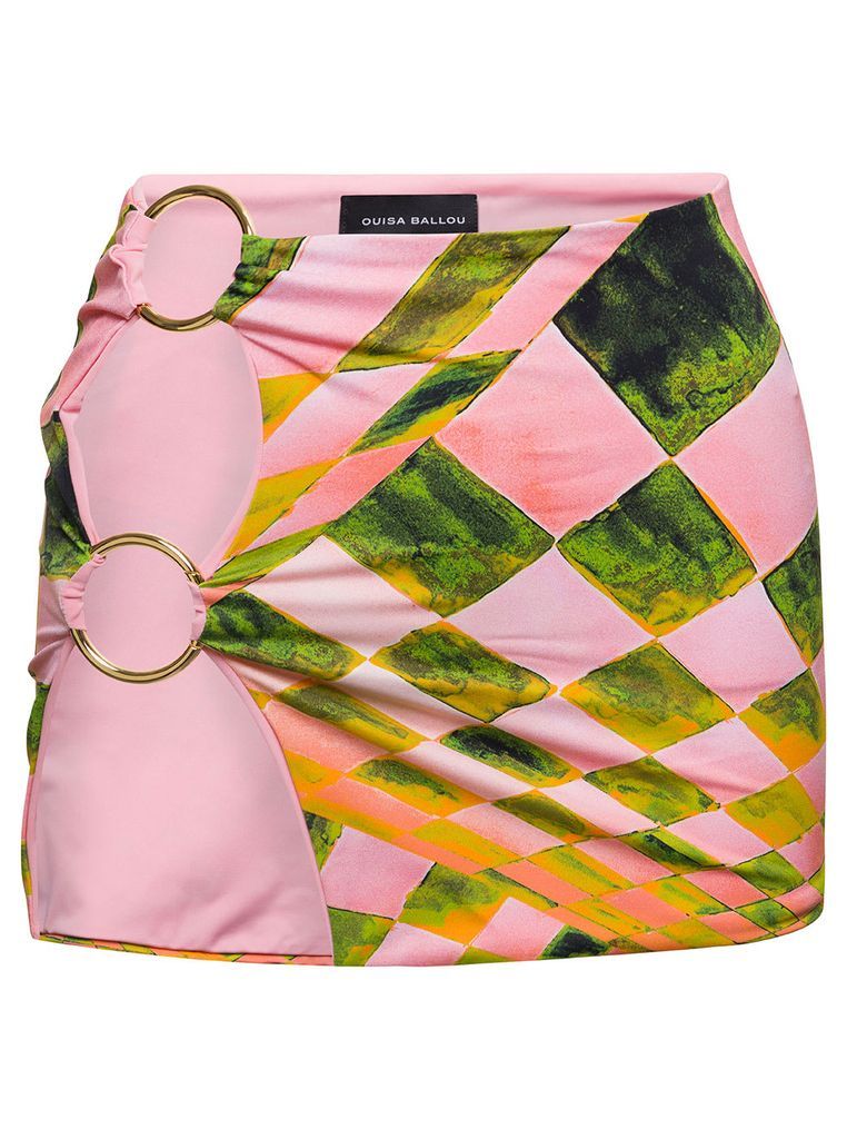 Pink Miniskirt With Abstract Print And Golden Rings In Polyester Woman