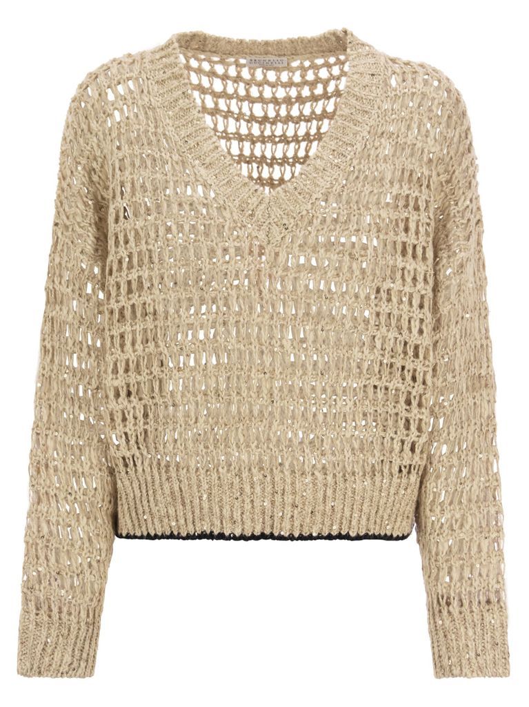 Dazzling Rustic Net Sweater In Linen And Silk