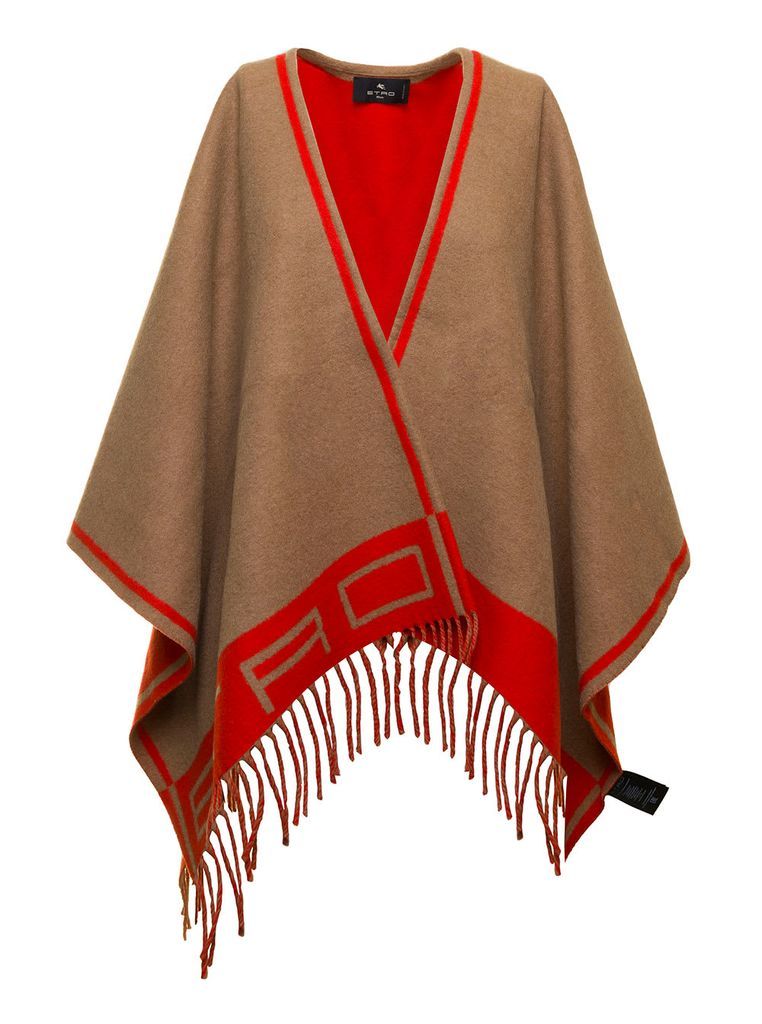 Cape With Double Face Logo In Wool And Cashmere Blend Beige And Orange Woman