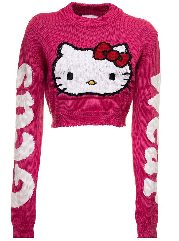 Fuxia Cropped Sweater In Wool Knit Blend With And Contrasting Jacquard Hello Kitty And Logo Woman