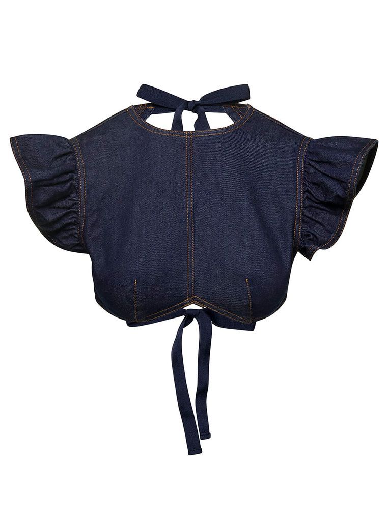 Blue Cropped Top With Ruches And Contrasting Stitching In Cotton Blend Denim Woman