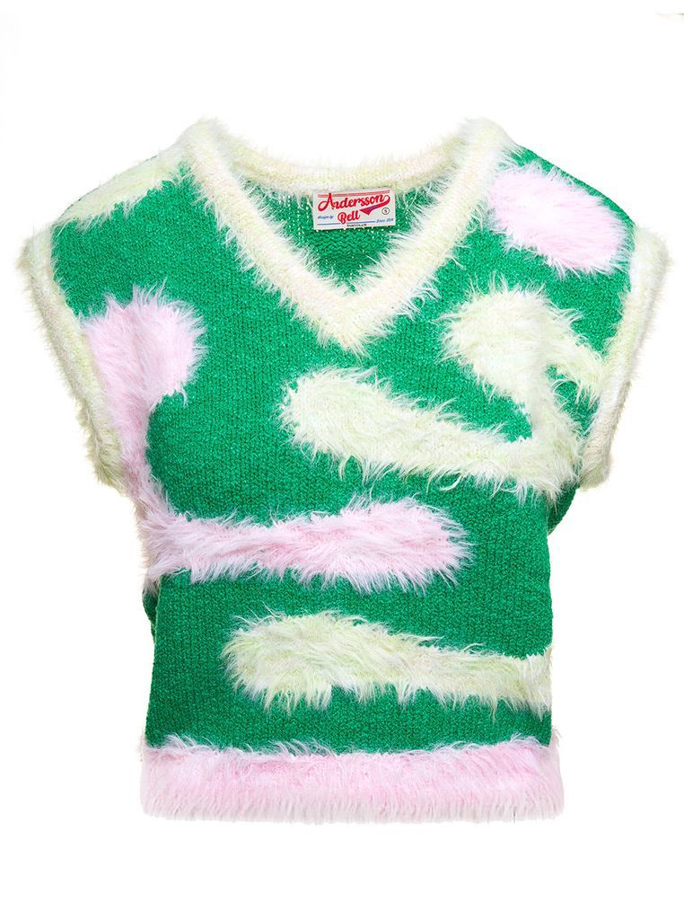 Green Hairy Vest Top With Graphic Motif In Cotton Blend Woman