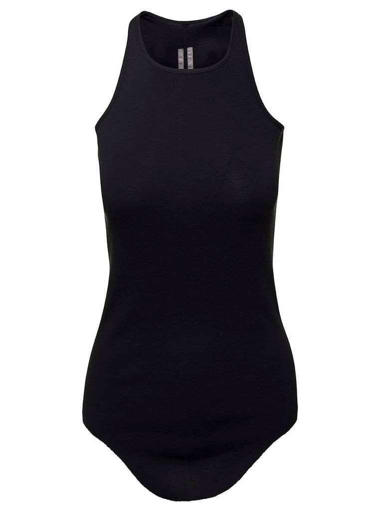 Black Ribbed Tank Top With Curved Hem In Cotton Woman