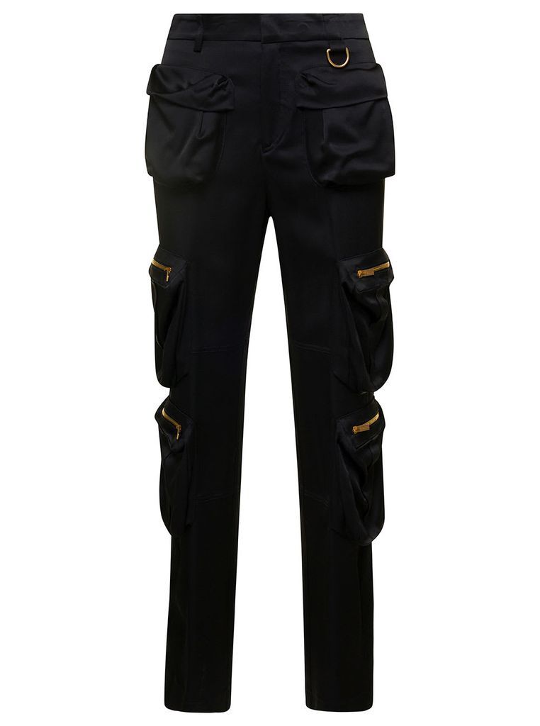 Black Cargo Pants With Macro Patch Pockets In Satin Woman