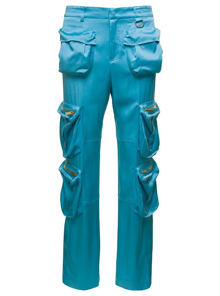Light Blue Cargo Pants With Macro Patch Pockets In Satin Woman