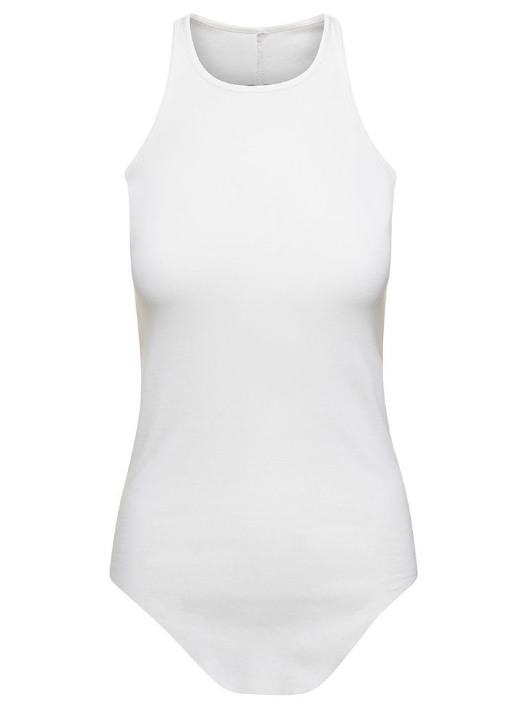 White Ribbed Tank Top With Curved Hem In Cotton Woman