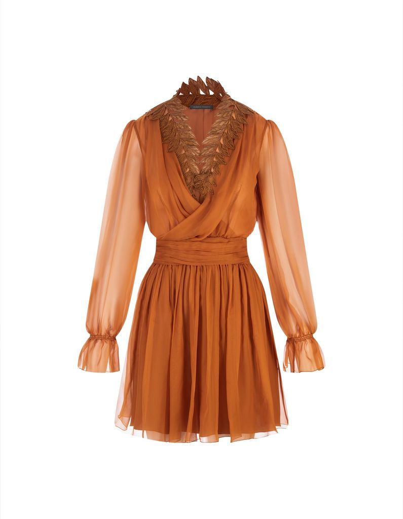 Orange Silk Chiffon Mini Dress With Ramage Lace
