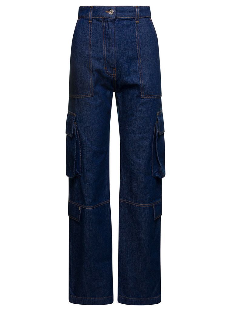 Blue Cargo Pants With Contrasting Stitching And Logo Patch In Cotton Denim Woman