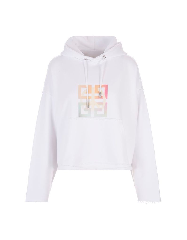 Woman White Oversized Hoodie In Printed Brushed Cotton