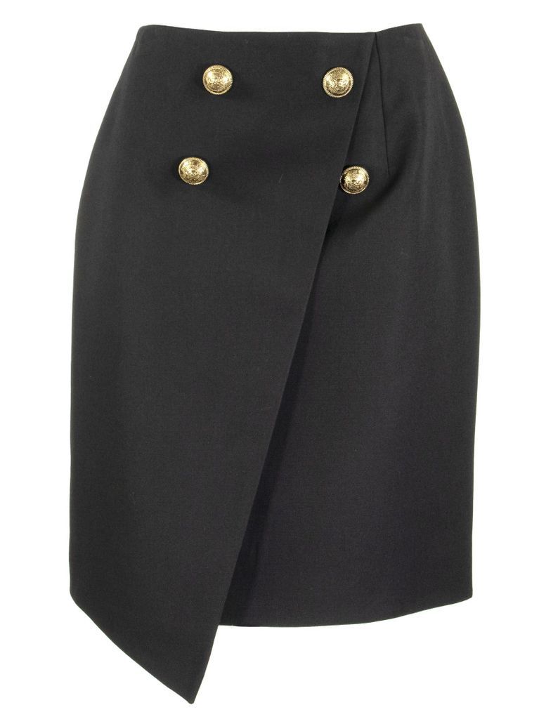 Asymmetrical Black Wool Wraparound Skirt With Gold-Tone Buttons