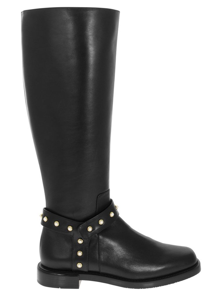 Pearl Moto - Leather Boot With Pearls