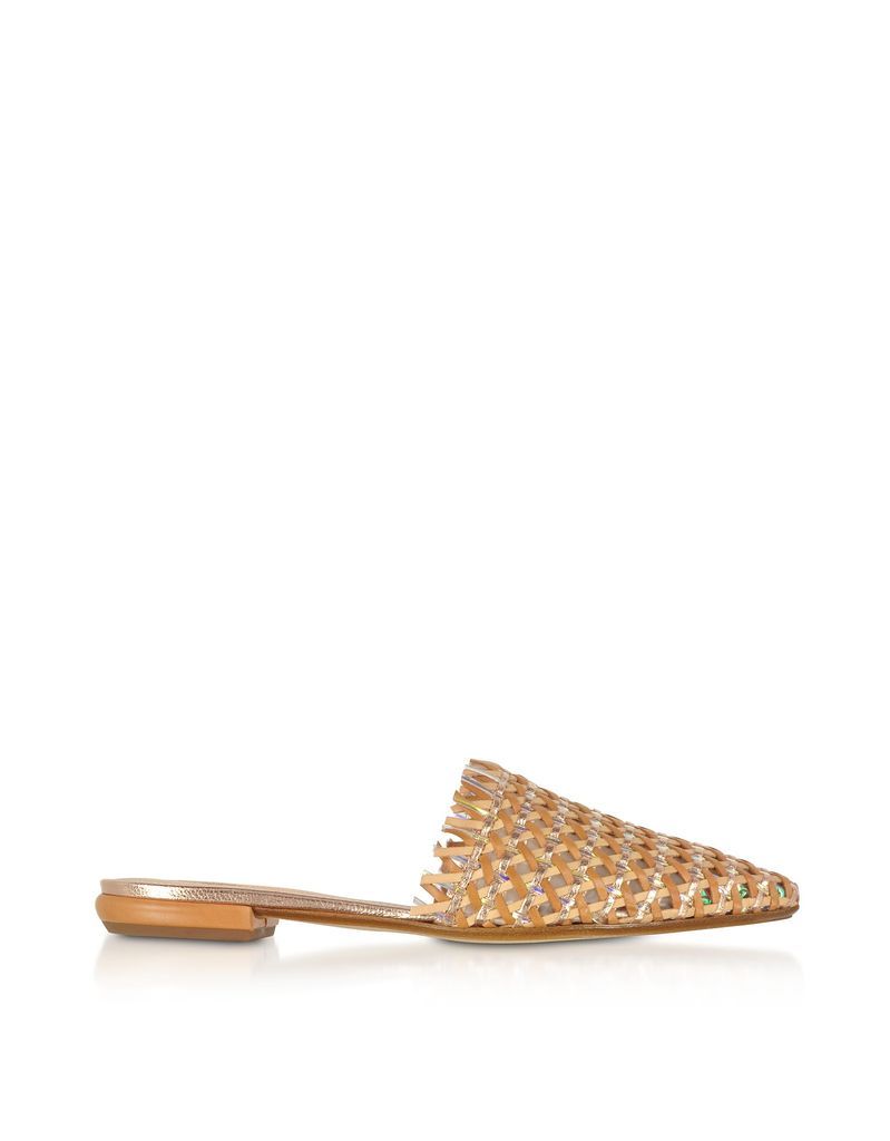 Brown And Rose Gold Woven Leather Flat Mules
