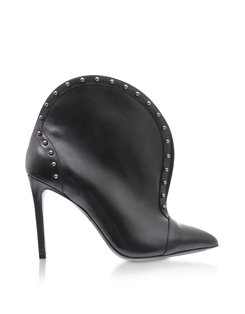 Iren Black Leather Pointed Toe High Heel Booties W/studs