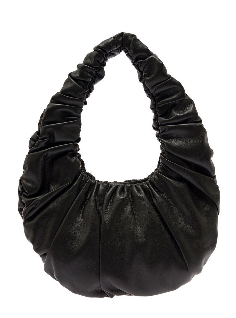 Anja Black Baguette Bag With Hobo Handle In Ruched Vegan Leather Woman Nanushka
