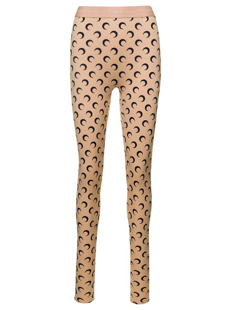 Beige High-Waisted Leggings With All-Over Moonogram Print In Polyamide Blend Woman