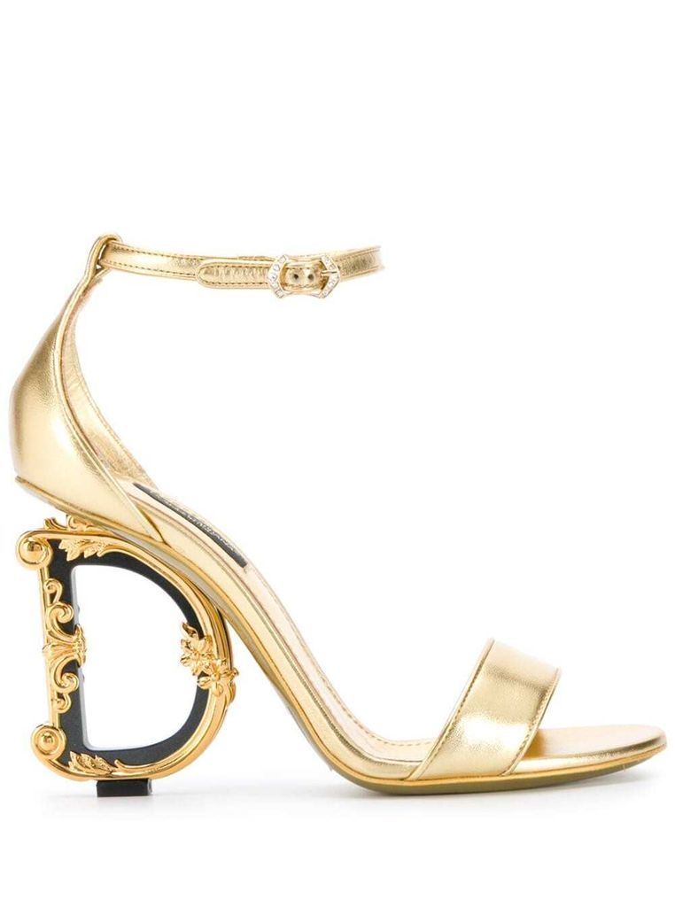 Baroque Gold Colored Sandals With Logo Heel In Leather Woman