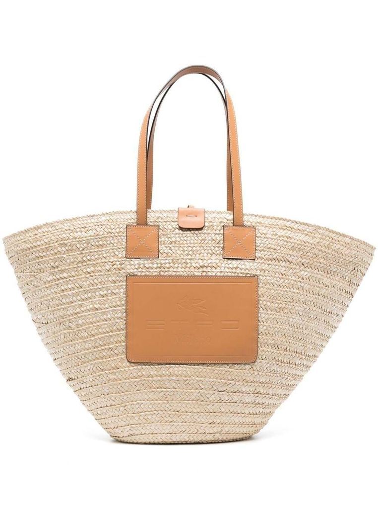 Beige Straw Beach Bag With Logo Patch In Straw And Leather Woman