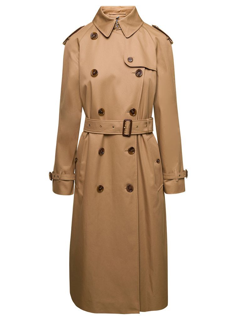 Beige Double-Breasted Trench Coat With Belt In Cotton Woman