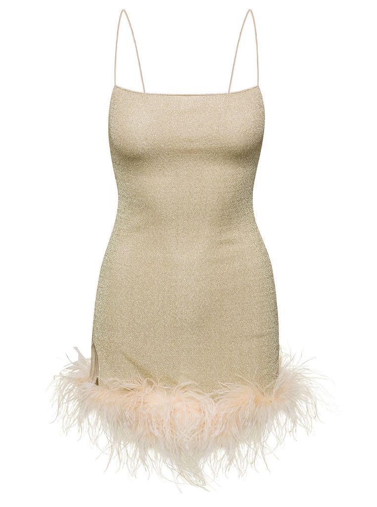 Beige Glittered Minidress With Feather Trim In Polyamide Woman